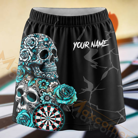 Maxcorners Darts Teal Sugar Skull Dartboard Personalized 3D Skort, Skirts With Shorts