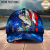 Maxcorners Fishing American Flag Galaxy Personalized Name 3D Cap (12 Fish Species)