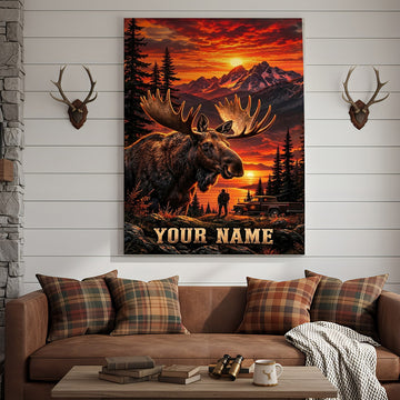 Maxcorners Moose Hunting Dramatic Mountain Sunset Personalized Canvas Wall Art