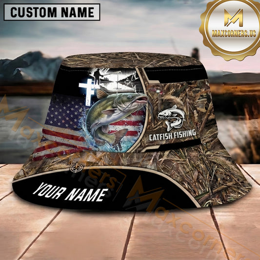 Maxcorners Fishing Camo American Flag Personalized Name 3D Bucket Hat (12 Fish Species)