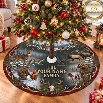 Maxcorners Hunting Deer Moose Family Wildlife Personalized Name 3D Christmas Tree Skirt