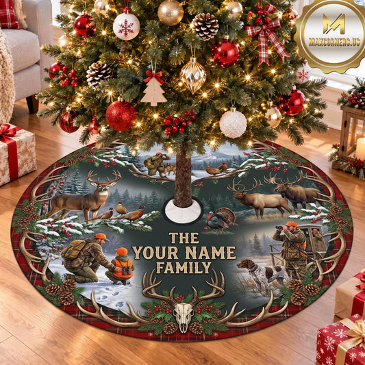 Maxcorners Hunting Deer Moose Family Wildlife Personalized Name 3D Christmas Tree Skirt