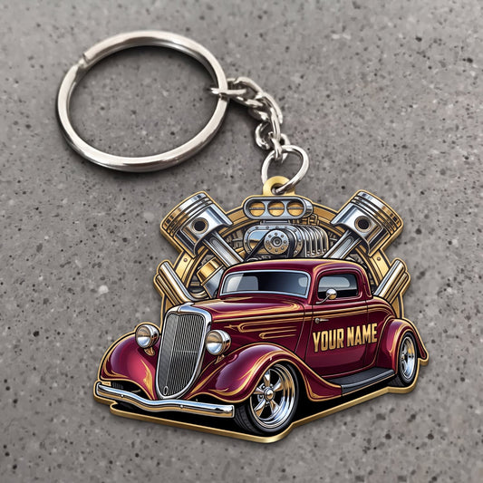 Maxcorners Hot Rod Burgundy Vintage Roadster with Golden Pistons and Chrome Engine Personalized Name 3D Keychain And Ornament