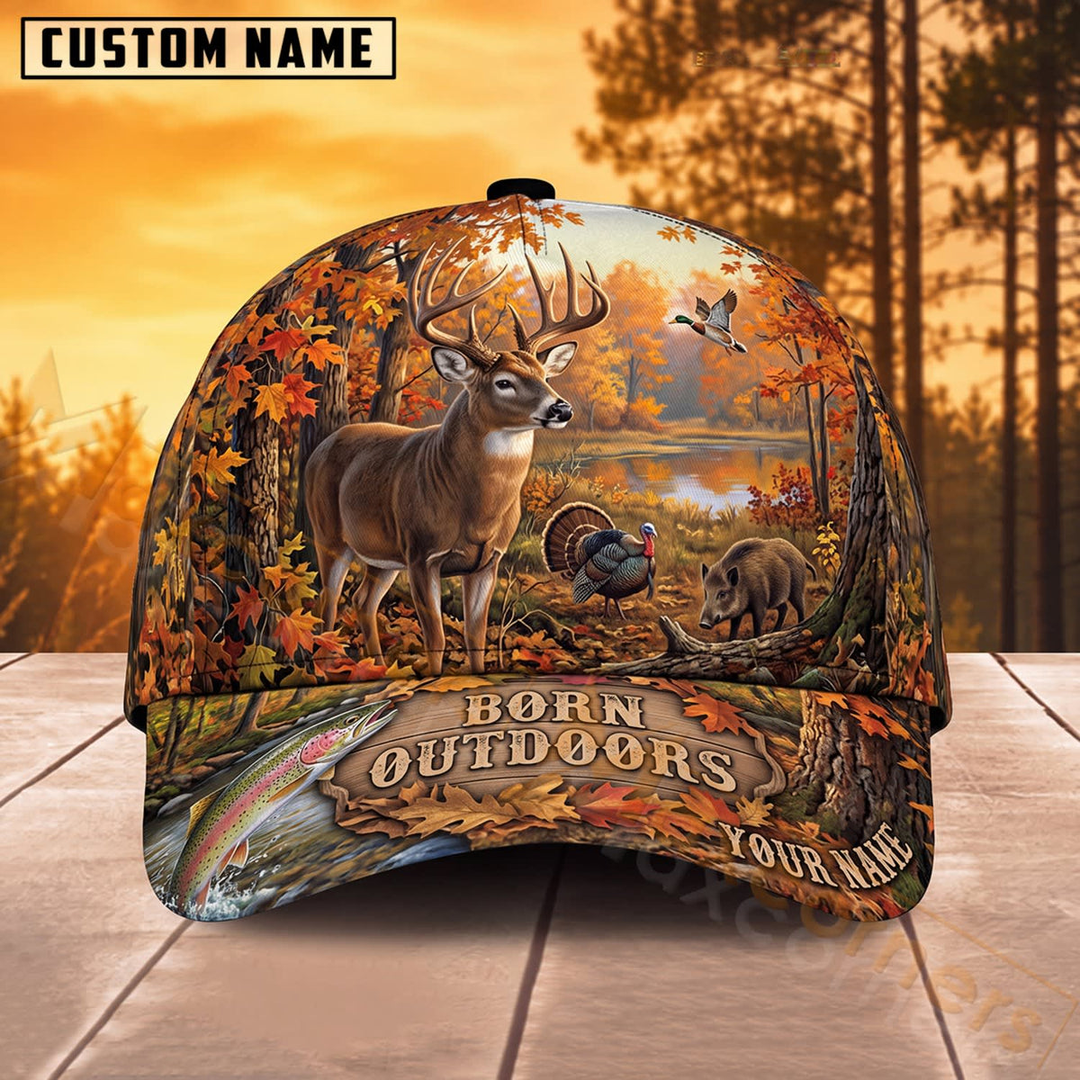 Maxcorners Whitetail Deer Hunting Autumn Woodland Born Outdoors Personalized Name 3D Cap
