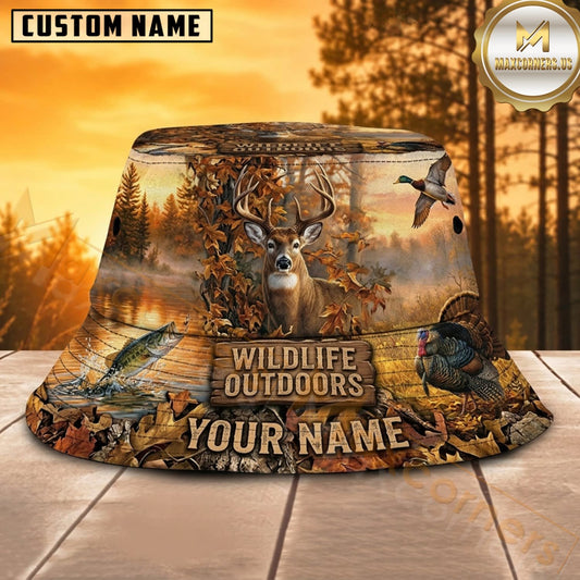 Maxcorners Deer Hunting Golden Wilderness Landscape Personalized Name 3D Bucket Hat