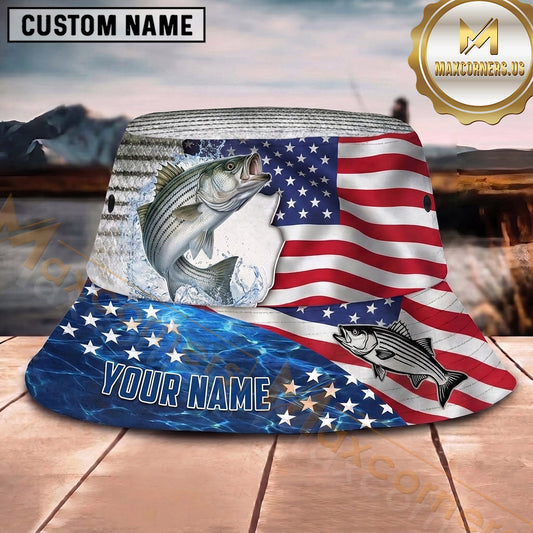 Maxcorners Fishing Patriotic American Flag Fishing with Bold Splash Personalized Name 3D Bucket Hat (13 Fish Species)