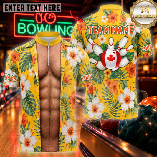 Maxcorners Bowling Hawaiian Shirt Open Chest Abs Canada Pins Graphic Customized Name, Team Name 3D Shirts