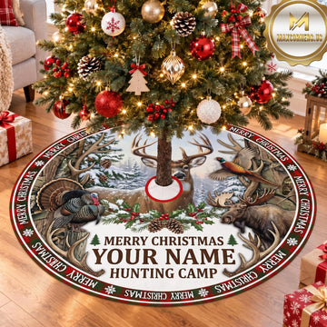 Maxcorners Hunting Deer Moose Merry Christmas Camp Personalized Name 3D Christmas Tree Skirt