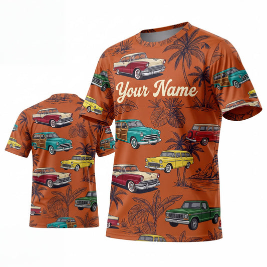 Maxcorners Personalized Car Classic Muscle Car 3D T-Shirt – Burnt Orange Custom Name Tropical Palm Trees and Vintage Cars