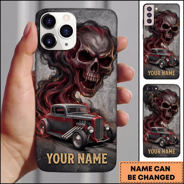 Maxcorners Hot Rod Red Classic Car with Dark Skull and Crimson Smoke Personalized Name 3D Phone Case