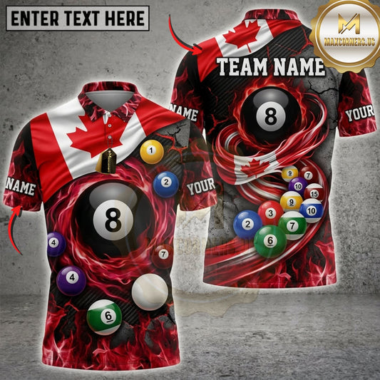 Maxcorners Billiards Canadian Flag Flaming 8 Ball And Pool Cue Personalized Name 3D Unisex Shirt