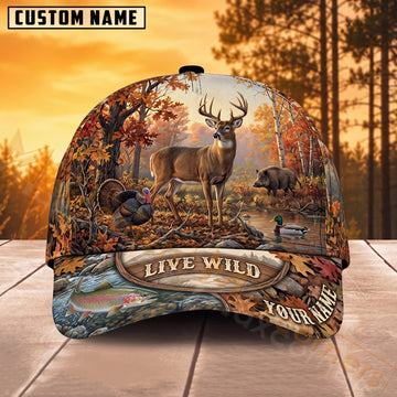 Maxcorners Whitetail Deer Hunting Rustic Forest Live Wild Personalized Name 3D Cap
