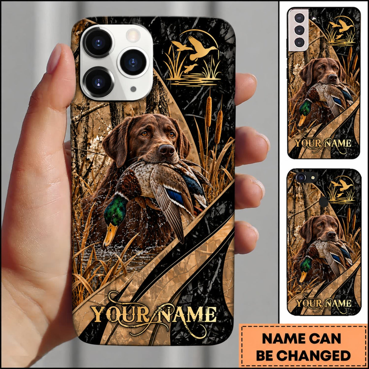 Maxcorners Duck Hunting German Wirehaired Pointer Golden Mallard Hunting Badge Personalized Name 3D Phone Case - Chocolate Labrador Retriever