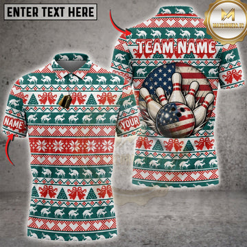 Maxcorners Bowling Funny Christmas Sweater American Flag Bowling Pins Personalized Name 3D Unisex Shirt