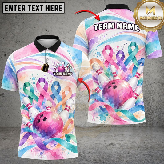 Maxcorners Bowling Cancer Awareness Ribbons Watercolor Pastel Splatter Ball Flying Pins Graphic Customized Name, Team Name 3D Shirts