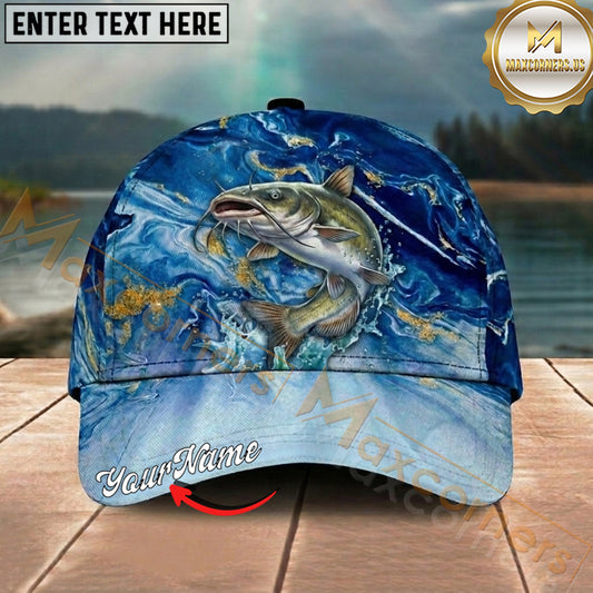 Maxcorners Fishing Ocean Marble Splash Personalized Name 3D Cap (12 Fish Species)