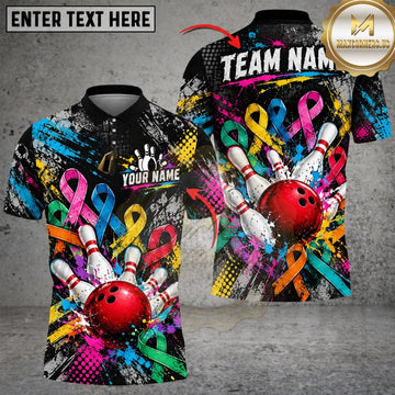 Maxcorners Bowling Cancer Awareness Ribbons Paint Splatter Graffiti Ball Pins Graphic Customized Name, Team Name 3D Shirts