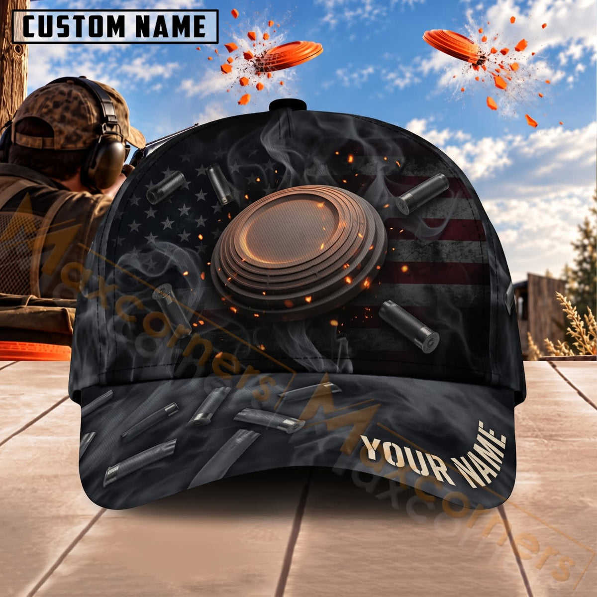 Maxcorners Trap & Skeet Shooting Dark Clay Target Orbit Personalized Name 3D Cap