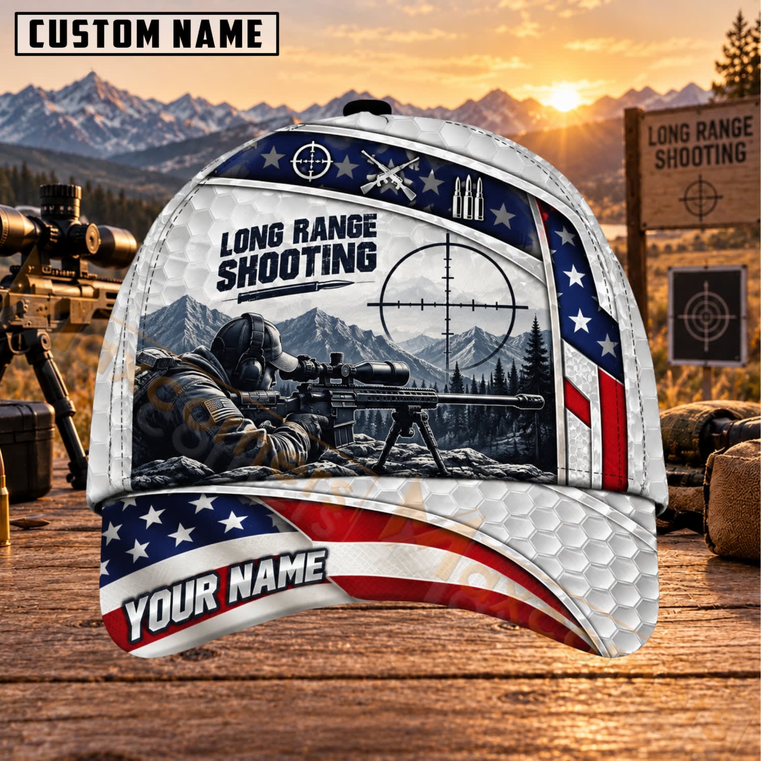 Maxcorners Long Range Shooting Mountain Sniper American Flag Personalized Name 3D Cap