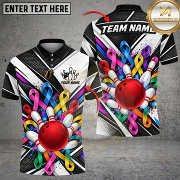 Maxcorners Bowling Cancer Awareness Ribbons Dynamic Stripes Geometric Ball Pins Graphic Customized Name, Team Name 3D Shirts