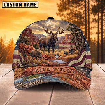 Maxcorners Moose Hunting American Flag Live Wild Personalized Name 3D Cap