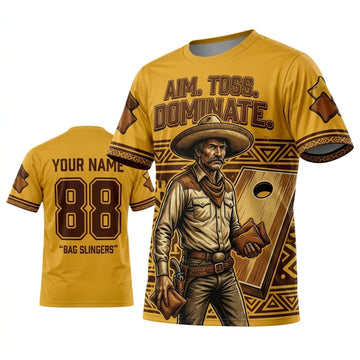 Maxcorners Cornhole Aim Toss Dominate Yellow Western Cowboy Personalized Name 3D Unisex Shirt