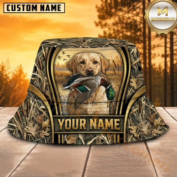 Maxcorners Waterfowl Hunting Labrador Rustic Gold Frame Personalized Name 3D Bucket Hat