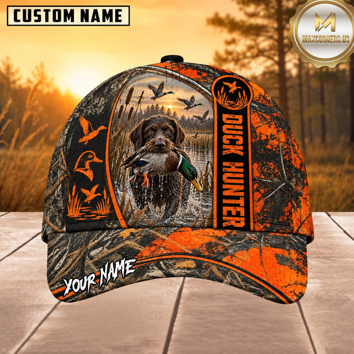 Maxcorners Dog Hunting And Duck Orange Black Duck Hunter Stripe Design Multiple Options Personalized Name 3D Cap