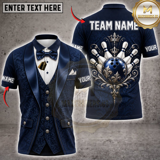 Maxcorners Bowling Elegant Navy Blue Tuxedo American Flag Bowling Ball Personalized Name 3D Unisex Shirt