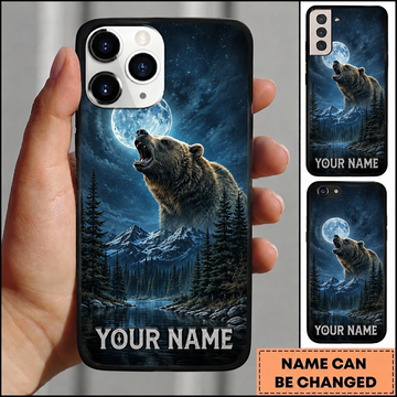 Maxcorners Hunting Wild Brown Bear Moonlight Mountain Forest Lake Night Sky Customized Name Phone Case