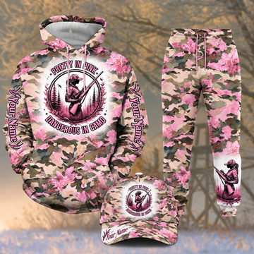 Maxcorners Hunting Pink Floral Camo Female Hunter Pattern Personalized 3D Combo Hoodie, Sweatpants Set & Cap