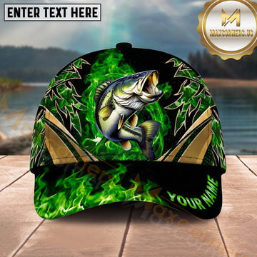 Maxcorners Fishing Green Flame Gold Accent Personalized Name 3D Shirt (13 Fish Species)