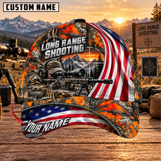 Maxcorners Long Range Shooting Blaze Orange Camo American Flag Personalized Name 3D Cap