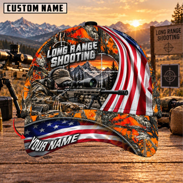 Maxcorners Long Range Shooting Blaze Orange Camo American Flag Personalized Name 3D Cap