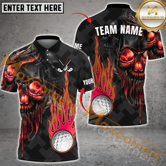 Maxcorners Golf Fire Ball Skull Multicolor Option Customized Name, Team Name 3D Polo Shirt