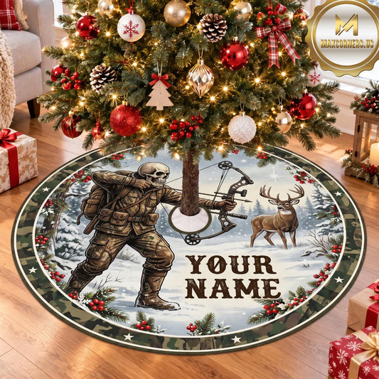 Maxcorners Hunting Hunter Deer Snowy Woodland Personalized Name 3D Christmas Tree Skirt