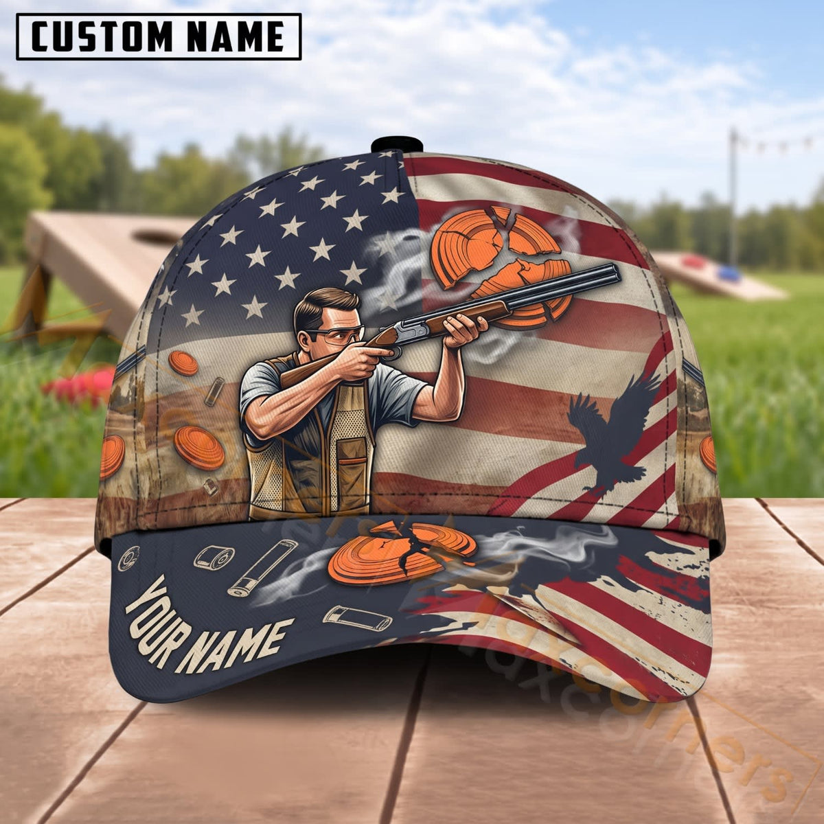 Maxcorners Trap & Skeet Shooting American Flag Clay Shooter Personalized Name 3D Cap