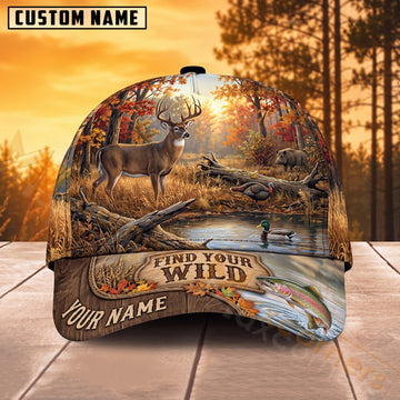 Maxcorners Whitetail Deer Hunting Golden Field Find Your Wild Personalized Name 3D Cap