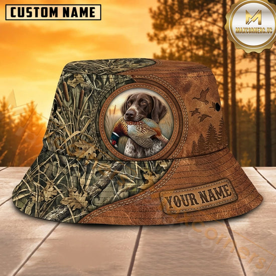 Maxcorners Duck Hunting Dog Brown Leather Medallion Personalized Name 3D Bucket Hat