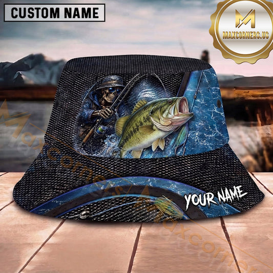Maxcorners Fishing Dark Skull Fisherman with Dramatic Rod and Water Splash Personalized Name 3D Bucket Hat (13 Fish Species)