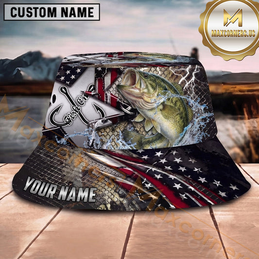 Maxcorners Fishing American Flag Lightning Metal Scale Personalized 3D Bucket Hat (13 Fish Species)