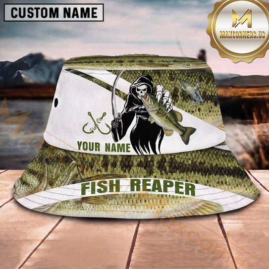 Maxcorners Fishing Fish Reaper White Green Scale Personalized 3D Bucket Hat (13 Fish Species)
