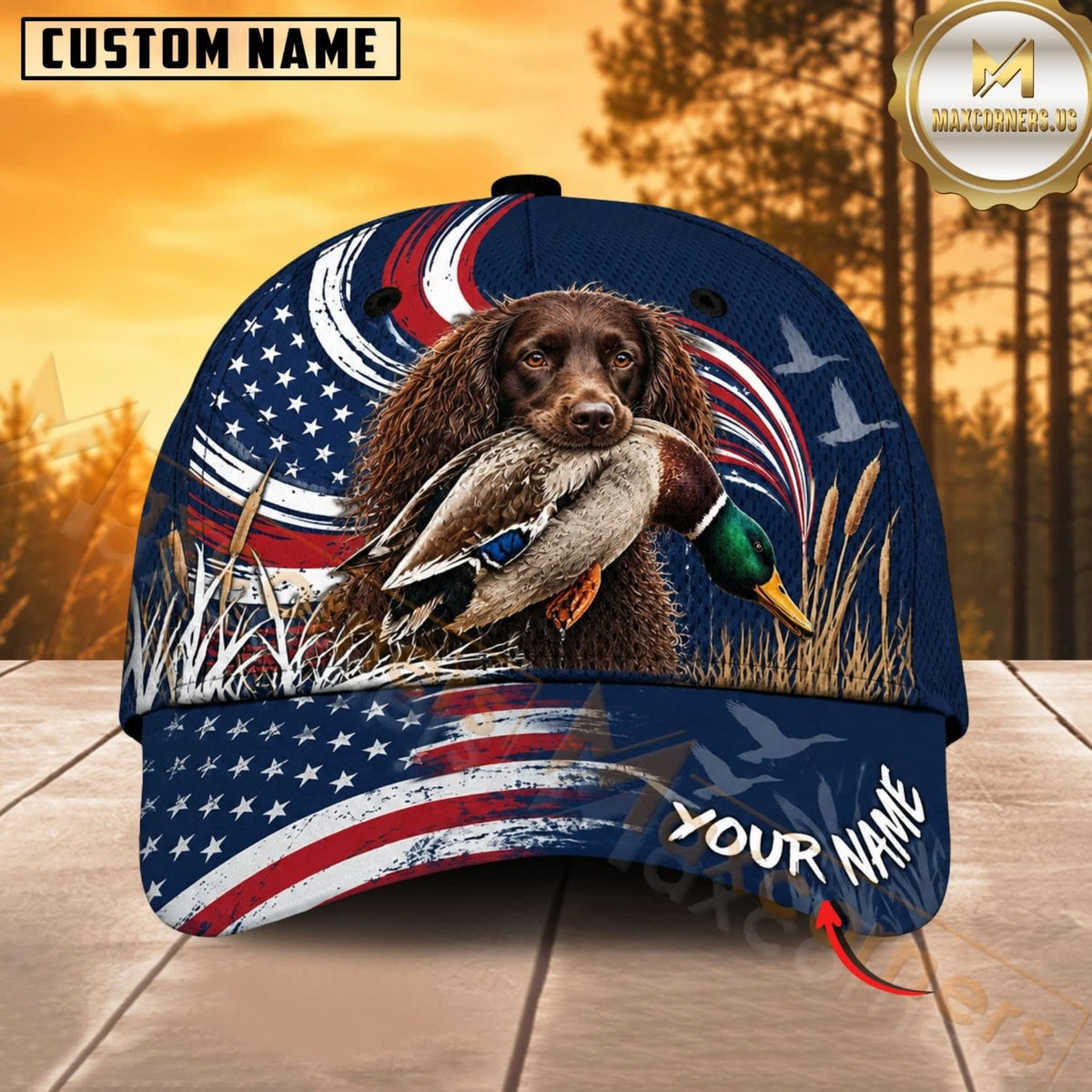 Maxcorners Dog Hunting And Duck Navy Blue Patriotic American Flag Personalized Name 3D Cap