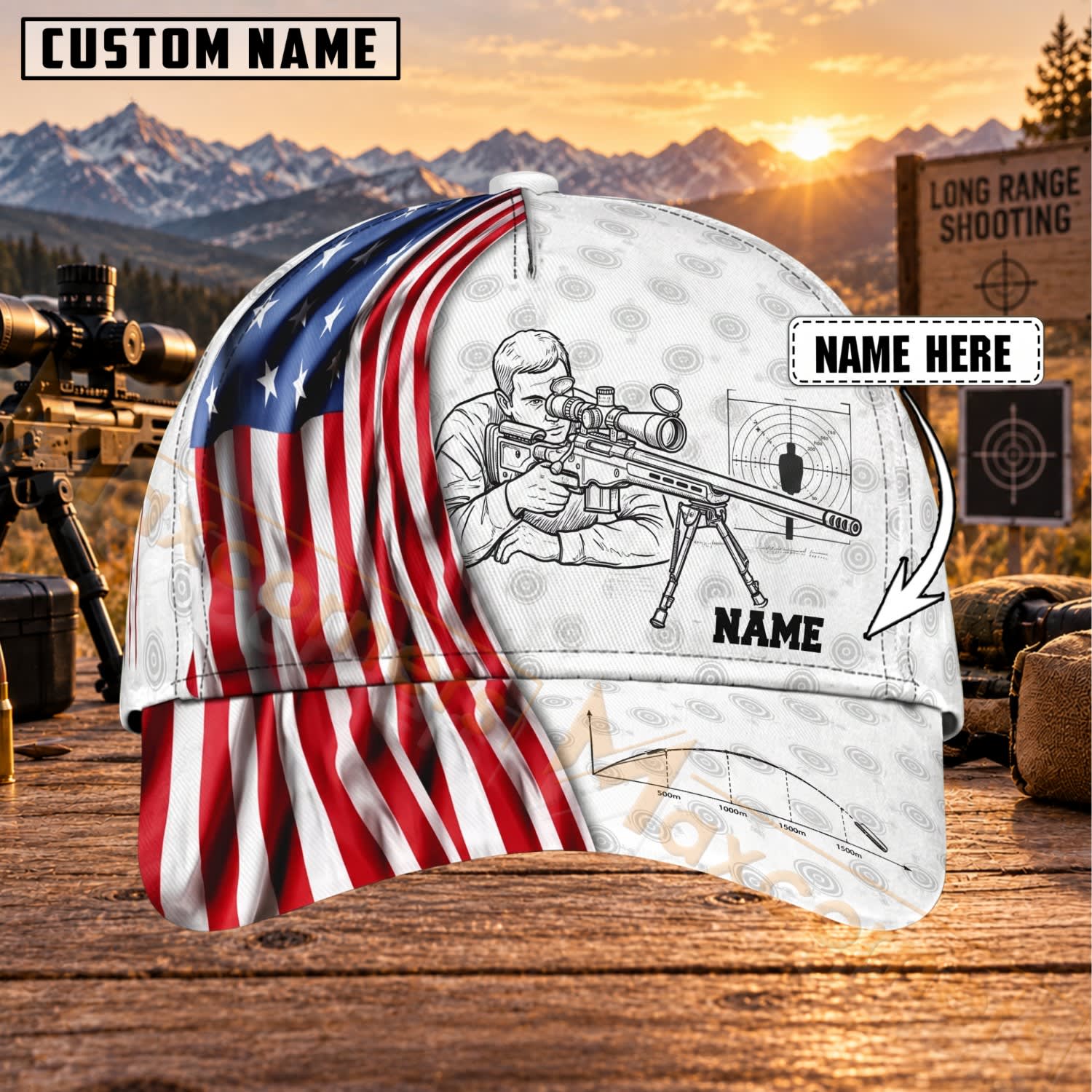 Maxcorners Long Range Shooting American Flag Sketch Sniper Personalized Name 3D Cap