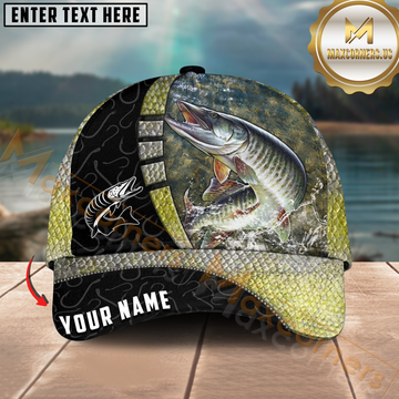 Maxcorners Northern Pike Fishing Black Scale Panel Design Personalized Name 3D Cap