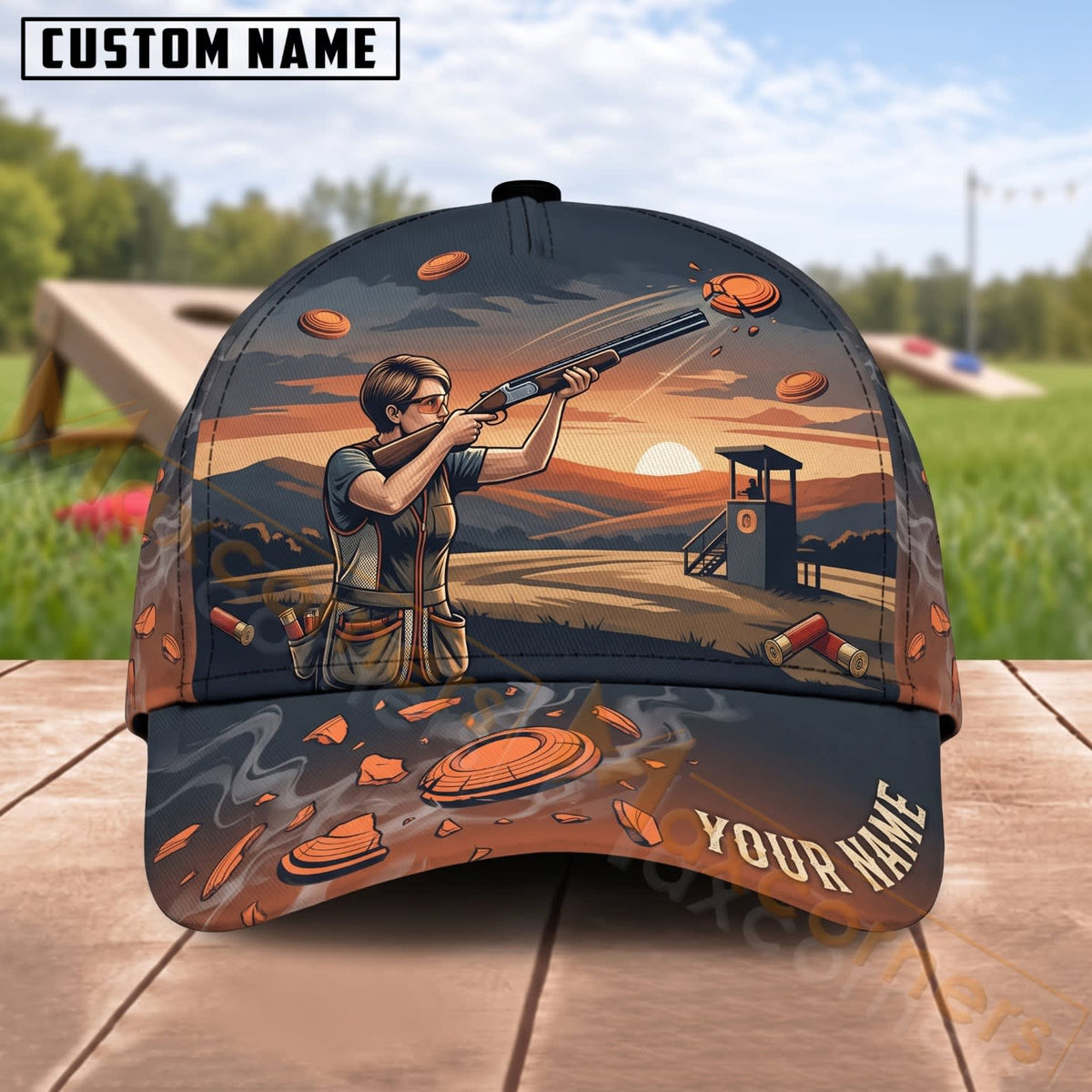 Maxcorners Trap & Skeet Shooting Sunset Range Shooter Personalized Name 3D Cap
