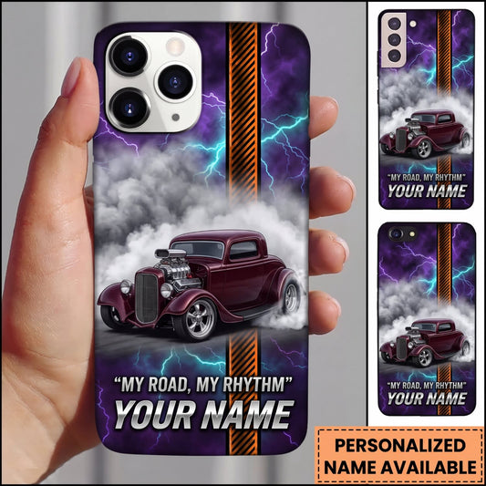 Maxcorners Classic Muscle Car Burgundy Vintage Car with Purple Lightning and Retro Road Rhythm Personalized Name 3D Phone Case