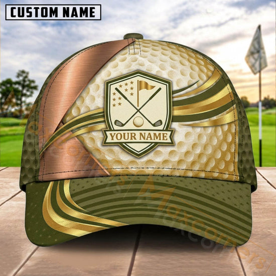 Maxcorners Golf Crossed Clubs Shield Gold Curve Personalized Name 3D Cap (7 Colors)