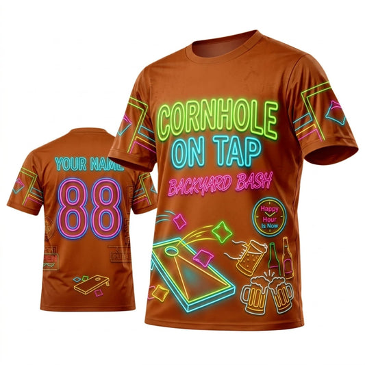 Maxcorners Cornhole On Tap Orange Neon Party Personalized Name 3D Unisex Shirt