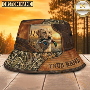 Maxcorners Waterfowl Hunting Dog Rustic Grass Camo Personalized Name 3D Bucket Hat